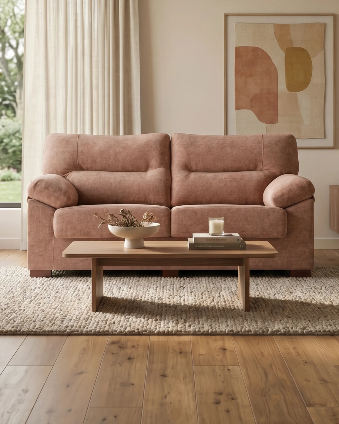 Imagen de un salón con un sofá rosa y una mesa de café de madera
