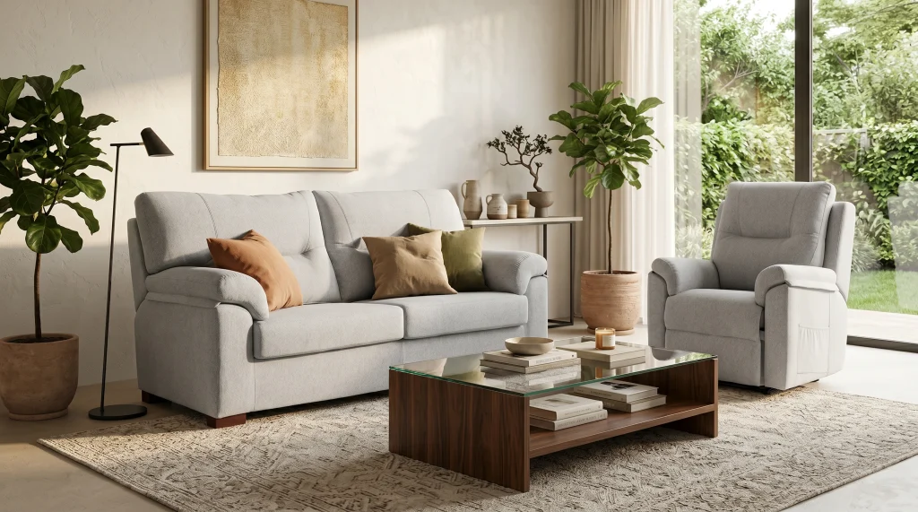 Sala de estar moderna con sofá gris, sillón y mesa de centro de madera con vidrio