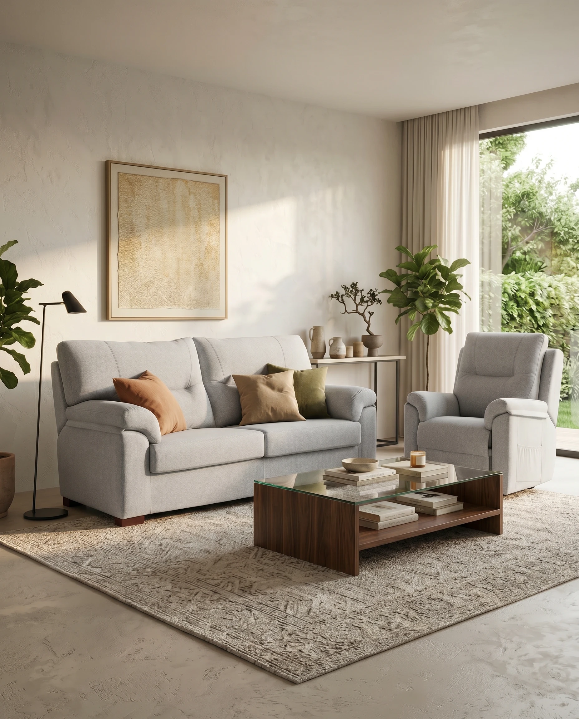 Sala de estar con sofá gris, sillón y mesa de café de vidrio en un ambiente luminoso con plantas