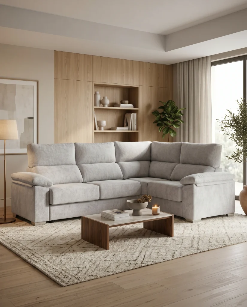 Sala de estar con sofá gris claro en L y decoración minimalista