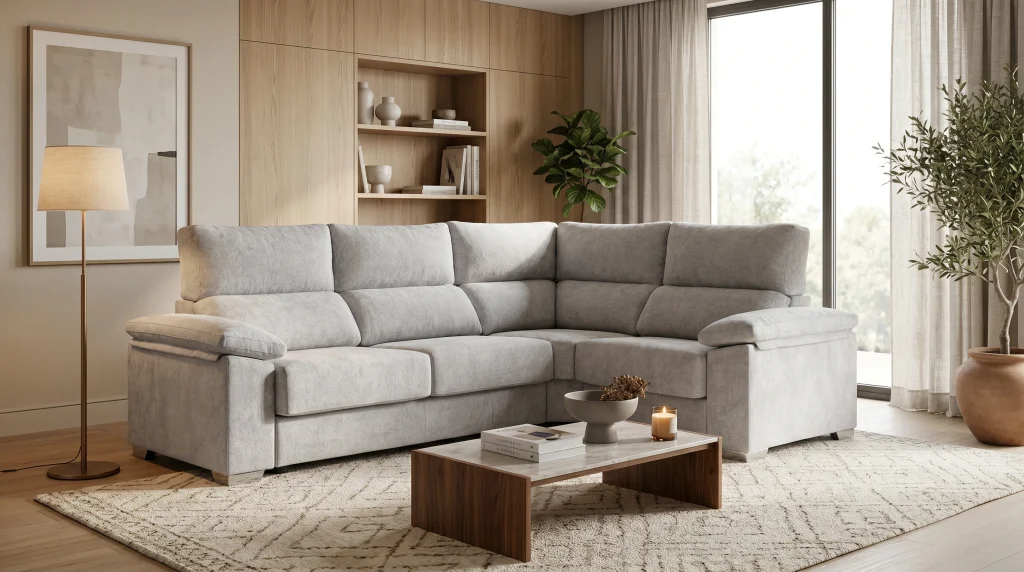 Imagen de un salón con un sofá gris y una mesa de centro de madera en una habitación con estilo minimalista