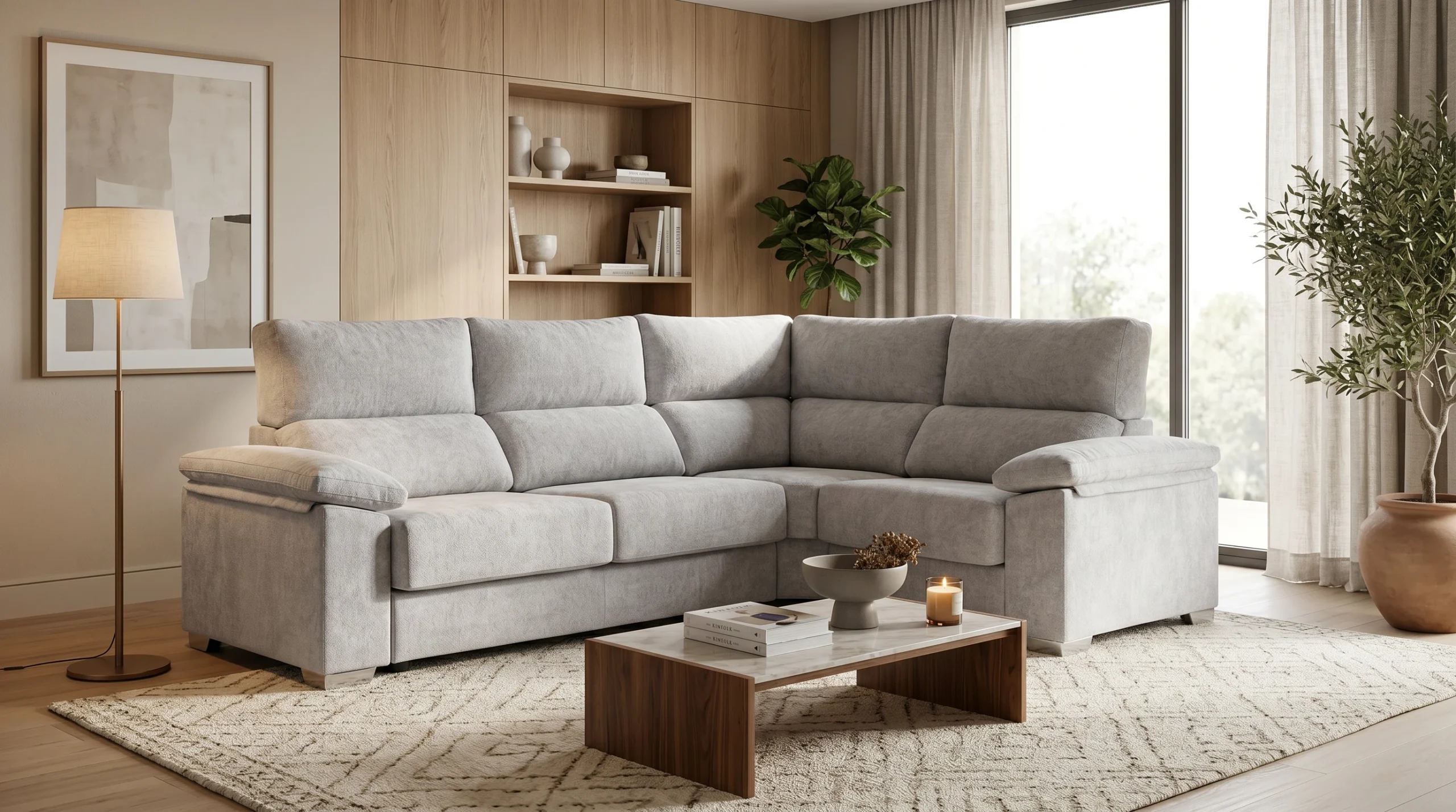 Imagen de un salón con un sofá gris y una mesa de centro de madera en una habitación con estilo minimalista